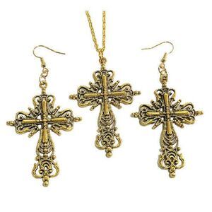 NEW Antique Gold Christian Cross Jewelry Set Earrings + Necklace Lightweight NWT